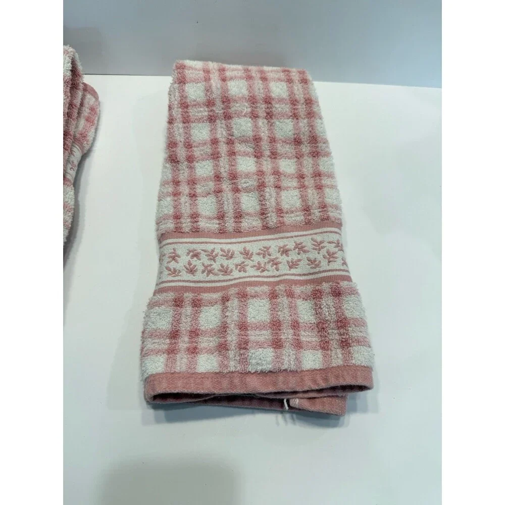 VTG Laura Ashley Pink Hand Towels Embroidered Checkered Striped Set of 3